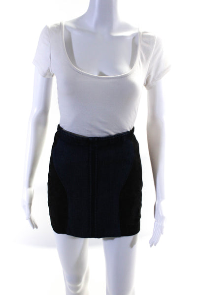 Helmut Lang Womens Blue Cotton Black Leather Trim Mini Skirt Size 6