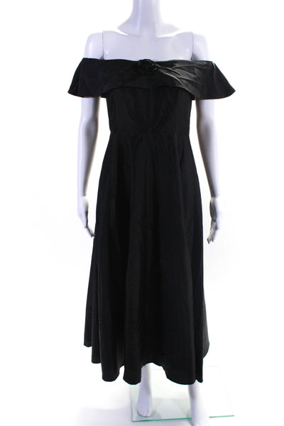 HVN Womens Back Zip Off Shoulder Rose Detail Midi Dress Black Blue Size 4