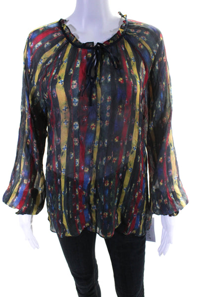 Ecru Womens Silk Striped Long Sleeve Blouse Multi Colored Size Large