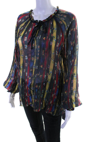 Ecru Womens Silk Striped Long Sleeve Blouse Multi Colored Size Large