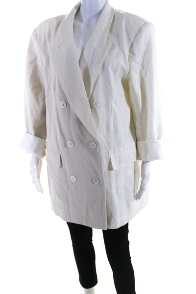 L Academie Womens Double Breasted Split Pointed Lapel Jacket Beige White Large