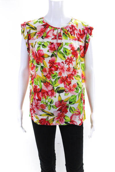 J Crew Womens Red Green Floral Print V-Neck Cap Sleeve Blouse Top Size 8