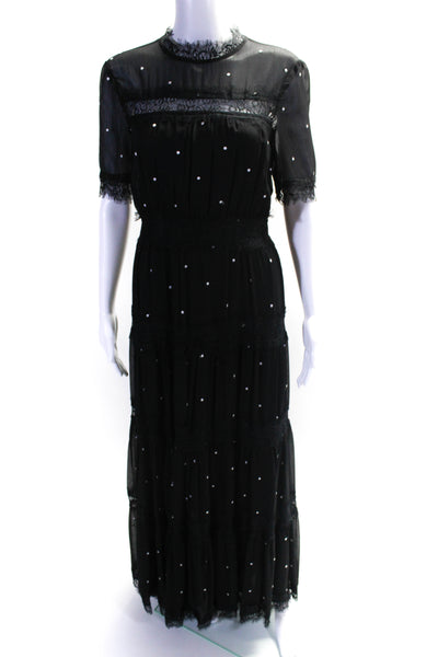 Ranna Gill Womens Lace Trim Chiffon Metallic Dotted Long Dress Black Size 2