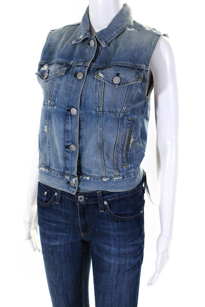 3x1 NYC Womens Distressed Denim Button Up Trucker Vest Blue Size Small