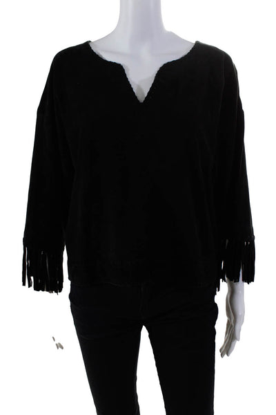 Natalie Martin Womens 3/4 Sleeve V Neck Oversized Suede Shirt Black Size Small