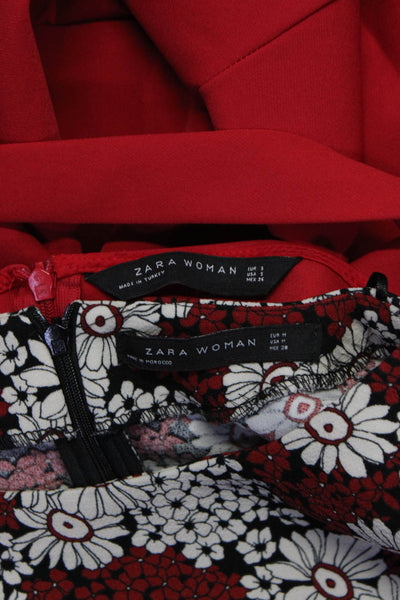 Zara Womens Red Black Floral Crew Neck Long Sleeve Shift Dress Size S M Lot 2