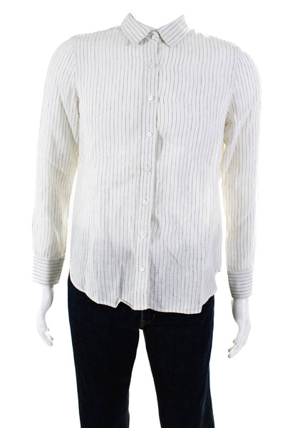 Pure Collection Mens Linen Striped Collar Button Long Sleeve Top White Size 8-10