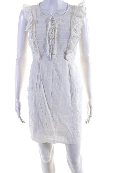 BCBG Max Azria Womens V Neck Ruffle Striped Cotton Midi Dress White Size Small