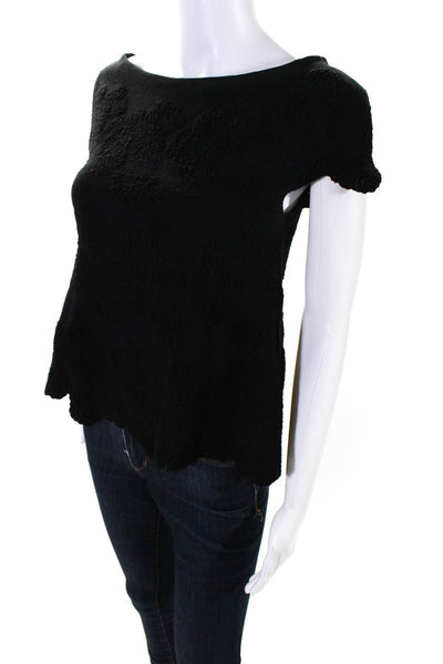 D Exterior Womens Short Sleeve Scoop Neck Scalloped Knit Shirt Black Size XS