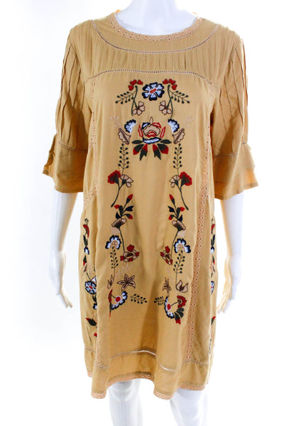 Parory Womens Floral Embroidered Half Sleeve Shirt Dress Yellow Size 42EU