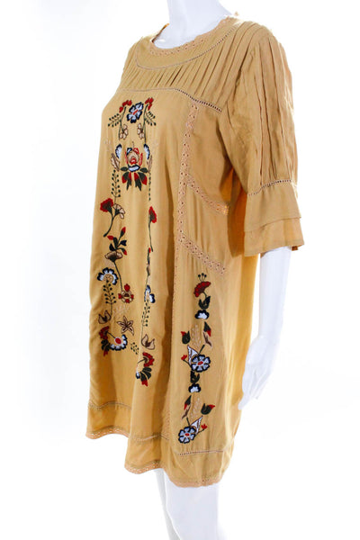 Parory Womens Floral Embroidered Half Sleeve Shirt Dress Yellow Size 42EU