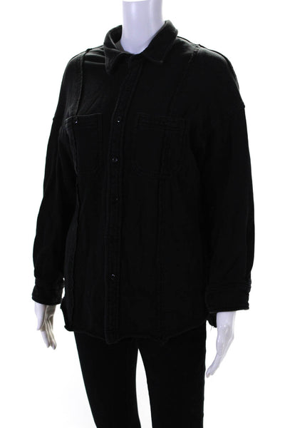 Olivaceous Womens Terry Knit Button Up Shirt Jacket Black Size Small