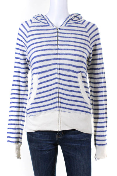 V Room Womens Striped Full Zipper Hoodie White Blue Cotton Size Extra Small