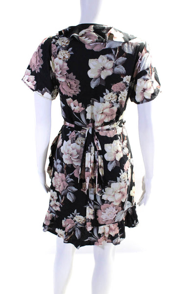 Paige Women's Lined Wrap Ruffle Short Sleeves Mini Dress Black Floral Size S