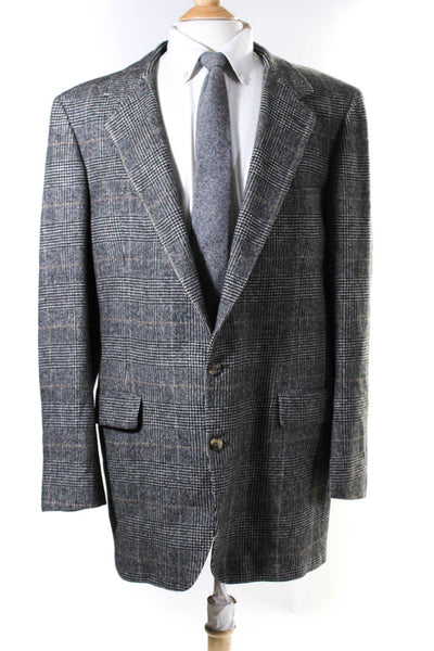 Bill Blass Mens Collared Plaid Two Button Long Sleeve Blazer Gray Size Large