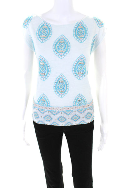 Calypso Saint Barth Womens Sequin Embroidered Tee Shirt Blue Linen Size Small