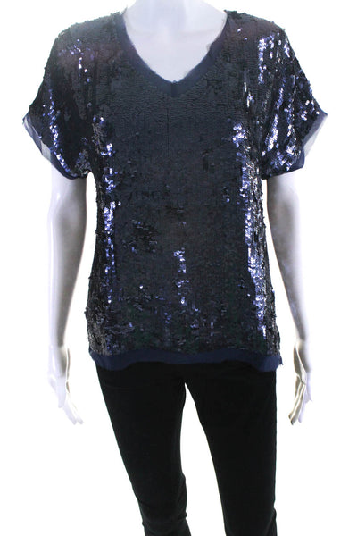 Joie Womens Short Sleeve Sequin V Neck Top Blouse Indigo Size Extra Small