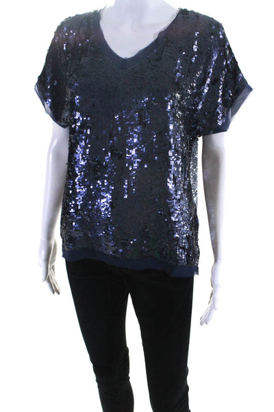 Joie Womens Short Sleeve Sequin V Neck Top Blouse Indigo Size Extra Small