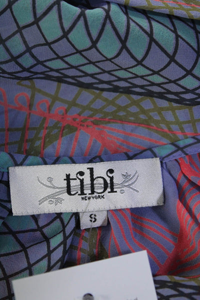Tibi Womens Geometric Chiffon Bat Wing Top Blouse Blue Purple Size Small