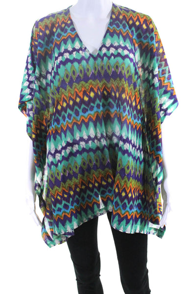 Alexis Womens Abstract V Neck Bat Wing Tunic Blouse Purple Green Size Small