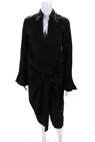 Usisi Womens Long Sleeve Wrap Waist Midi Shirt Dress Black Size Extra Small