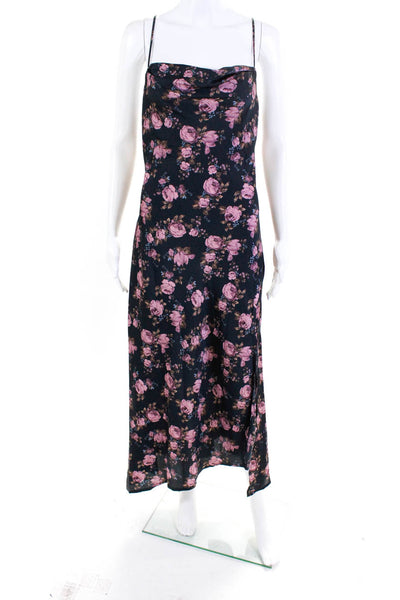 ASTR Womens Floral Print Lace Up Back Spaghetti Strap Dress Blue Pink Size L
