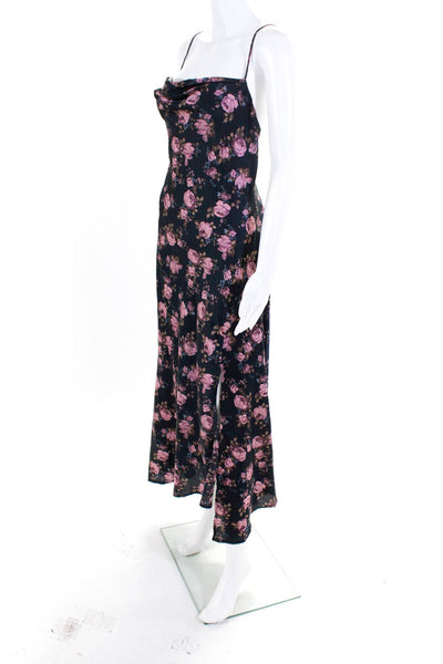 ASTR Womens Floral Print Lace Up Back Spaghetti Strap Dress Blue Pink Size L