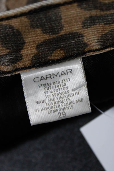Carmar Womens Front Zip Distressed Fringe Leopard Denim Mini Skirt Brown Size 29