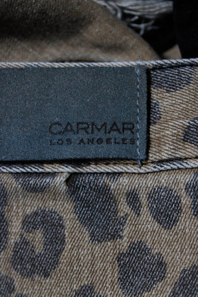 Carmar Womens Front Zip Distressed Fringe Leopard Denim Mini Skirt Brown Size 29