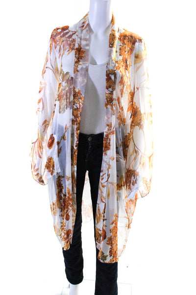 Chanel Womens Sheer Floral Chiffon Kimono Robe White Orange Silk Size FR 36