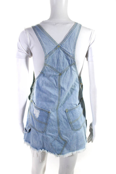 Carmar Womens Square Neck Distressed Micro Mini Overall Dress Blue Size XS