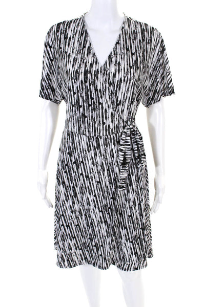 H By Halston Womens Striped Print Short Sleeve Wrap Dress White Black Size M