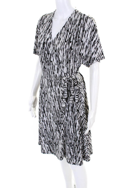 H By Halston Womens Striped Print Short Sleeve Wrap Dress White Black Size M