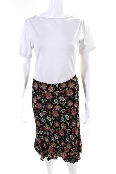 Designer Asymmetrical Elastic Waist Floral Midi Skirt Black Size M