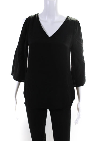 Ecru Womens V Neck Long Sleeve Solid Silk Blouse Top Black Size XS