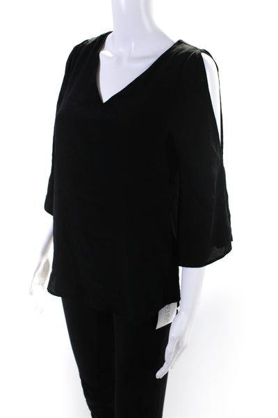 Ecru Womens V Neck Long Sleeve Solid Silk Blouse Top Black Size XS