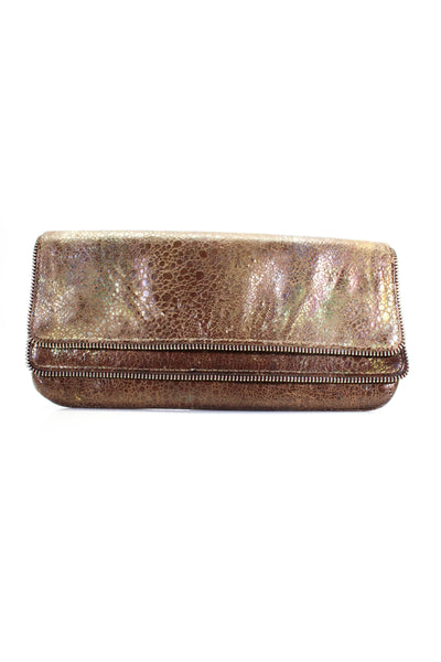 Lauren Merkin Womens Gold Tone Button Top Abstract Leather Clutch Handbag Brow