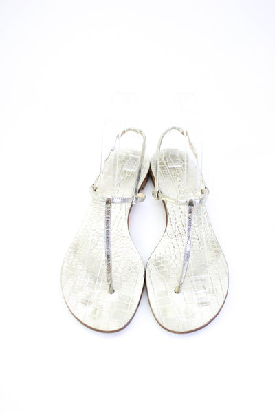 Casadei Womens Leather Metallic Alligator Print T-Strap Sandals Gray Size 6