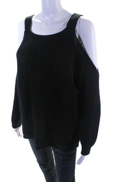 Central Park West Womens Cotton Cold Shoulder Knit Ribbed Sweater Black Size XS