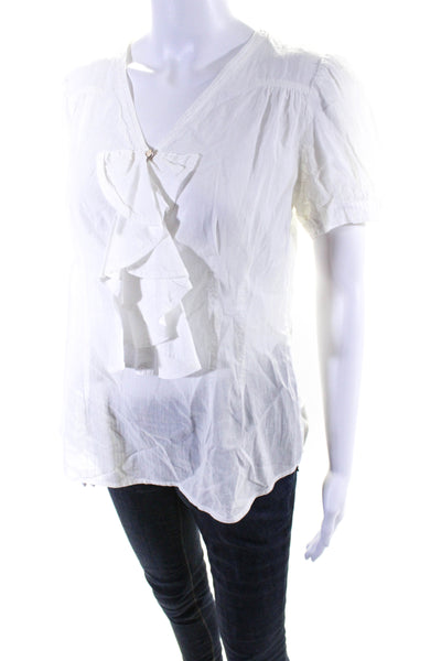 Marc By Marc Jacobs Womens Cotton Button Ruffle Short Sleeve Blouse White Size 8