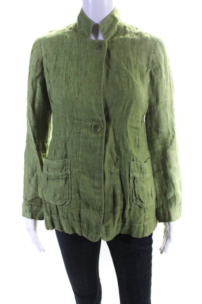 Eileen Fisher Petites Womens Solid Linen Pocket Two Button Jacket Green Size PP