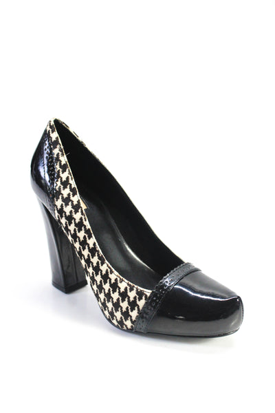 Tahari Womens Pony Hair Houndstooth Patent Leather Cap Toe Pumps Black Size 7M