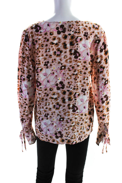 Paige Womens Silk Crepe Leopard Printed Ruched Blouse Top Pink Size M