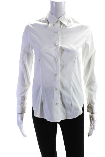 Sharis Place Womens Cotton Crystal Collared Button Up Blouse Top White Size 40