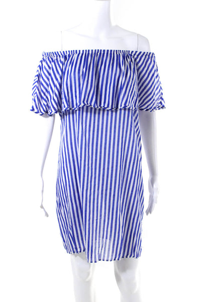J Crew Women's Striped Off Shoulder Cotton Mini Dress Blue Size S
