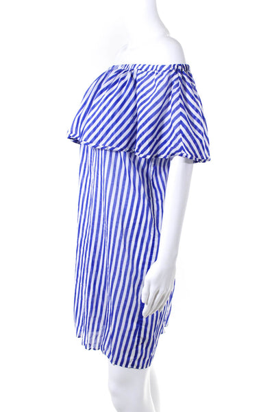 J Crew Women's Striped Off Shoulder Cotton Mini Dress Blue Size S