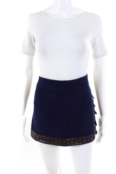 Rachel Rachel Roy Womens Linen Beaded Hem Fringe Mini Skirt Navy Size 6