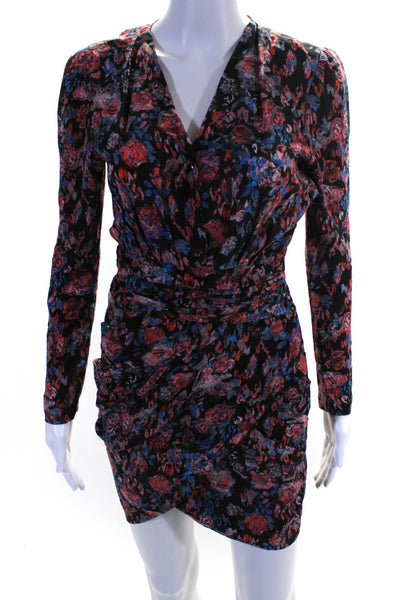 IRO Womens Red Silk Floral Print V-Neck Long Sleeve Wiggle Dress Size 34