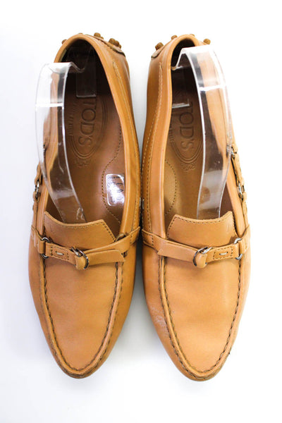 Tods Womens Slip On Tabs Back Round Toe Loafers Brown Leather Size 38