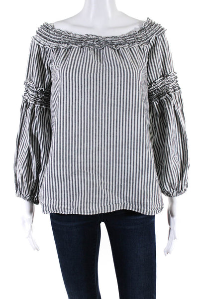 Max Studio Womens Long Sleeve Off Shoulder Stripe Top Blouse Gray Size Large